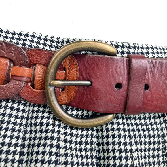 Vintage Woven Cognac Leather Belt | Artisan Patchwork Brass Buckle | Fossil Y2K - Picture 12 of 13